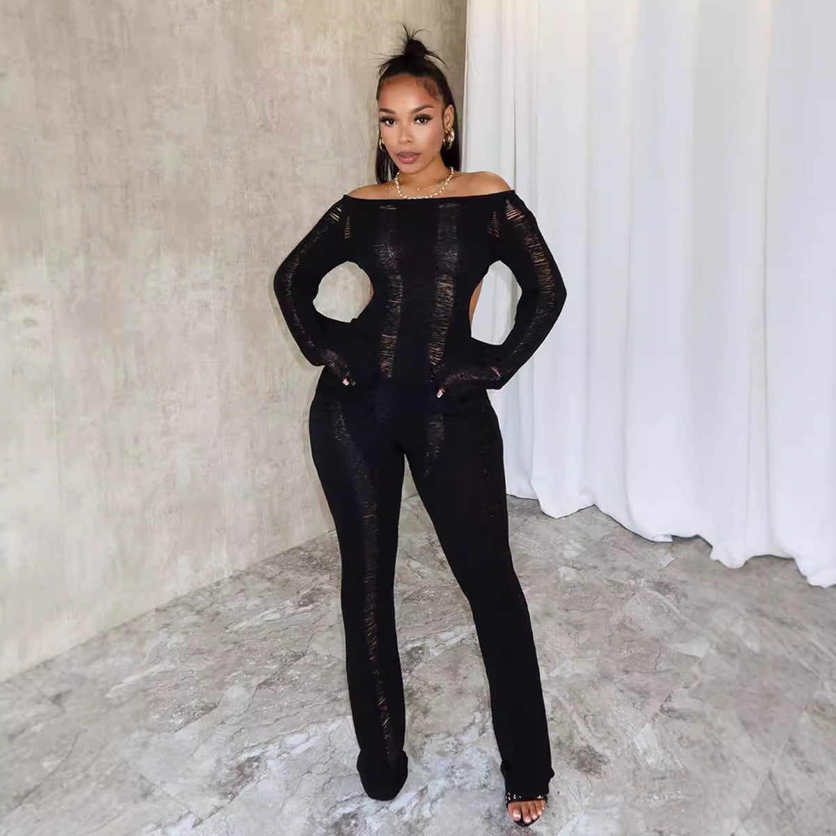 Women Sexy Hollow Long Sleeve Jumpsuit 8
