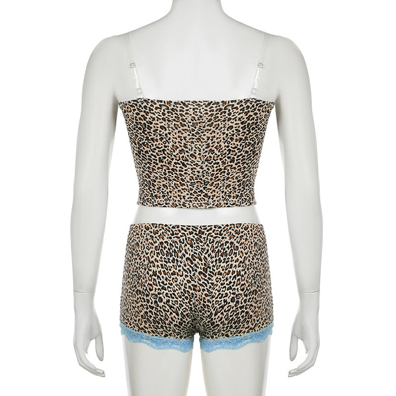 Sexy Women's Summer Leopard Home Wear Tight Fitting Strap Vest Contrast Shorts Two-Piece Set 9