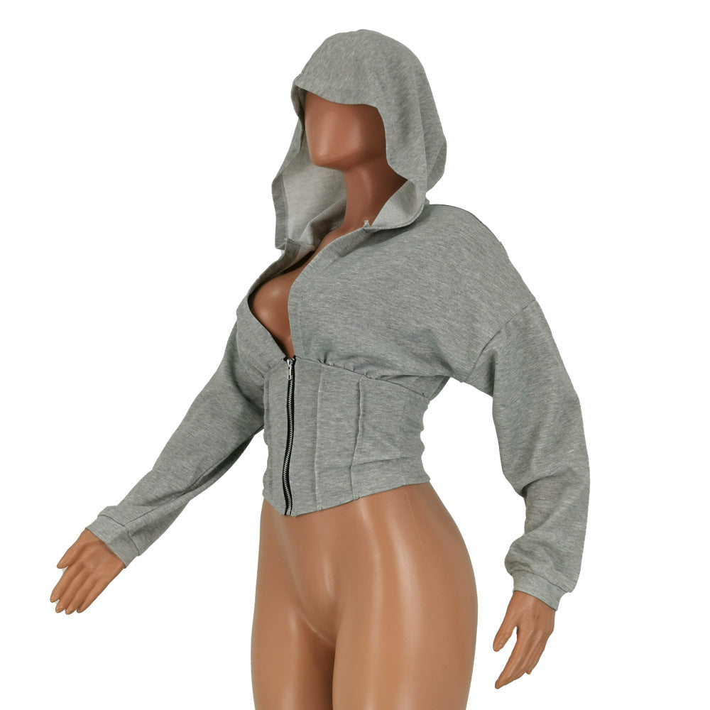 Women Sexy Elastic Waist Loose Hooded Zipper Top 24