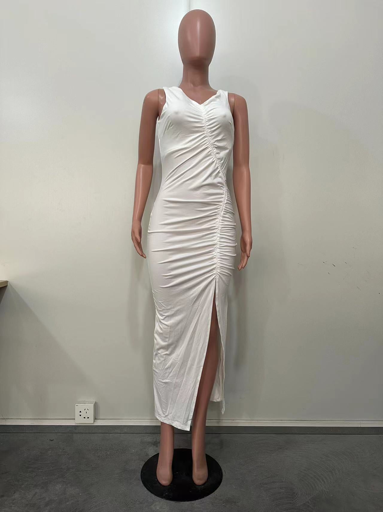 Spring Summer Style Sleeveless Women's Solid Color Slit Long Dress 10