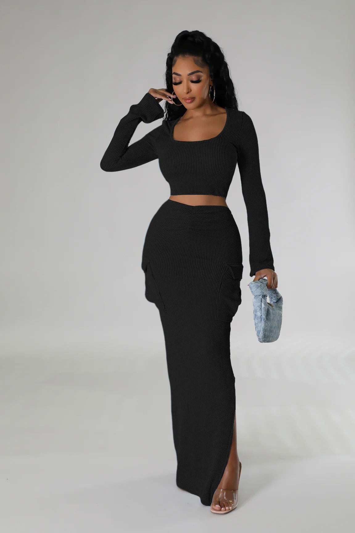 U-neck Tight Fitting short top with high waist and slit Bodycon long skirt autumn and winter two-piece set 3