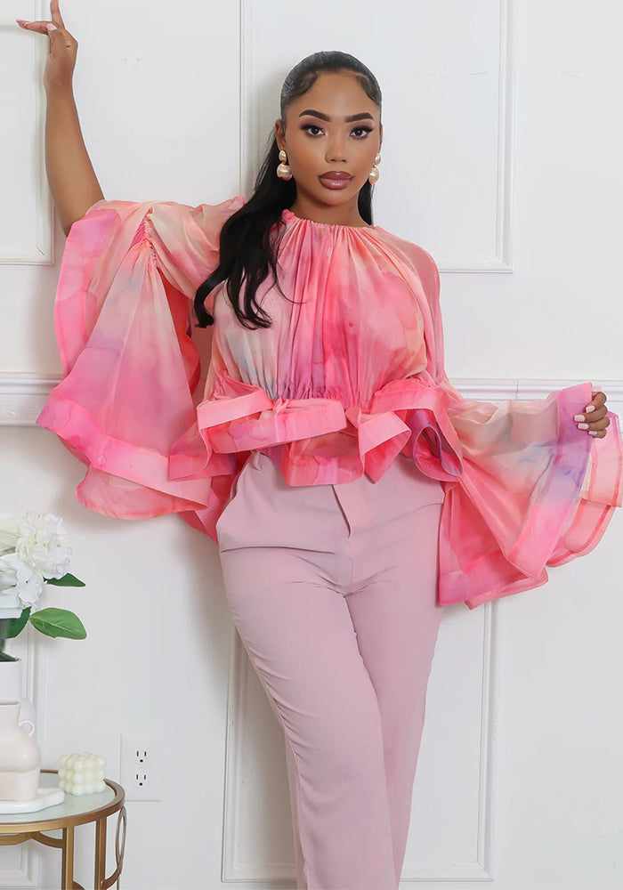 Women Sexy Off-The-Shoulder Mesh Print Bell Bottom Sleeve Top