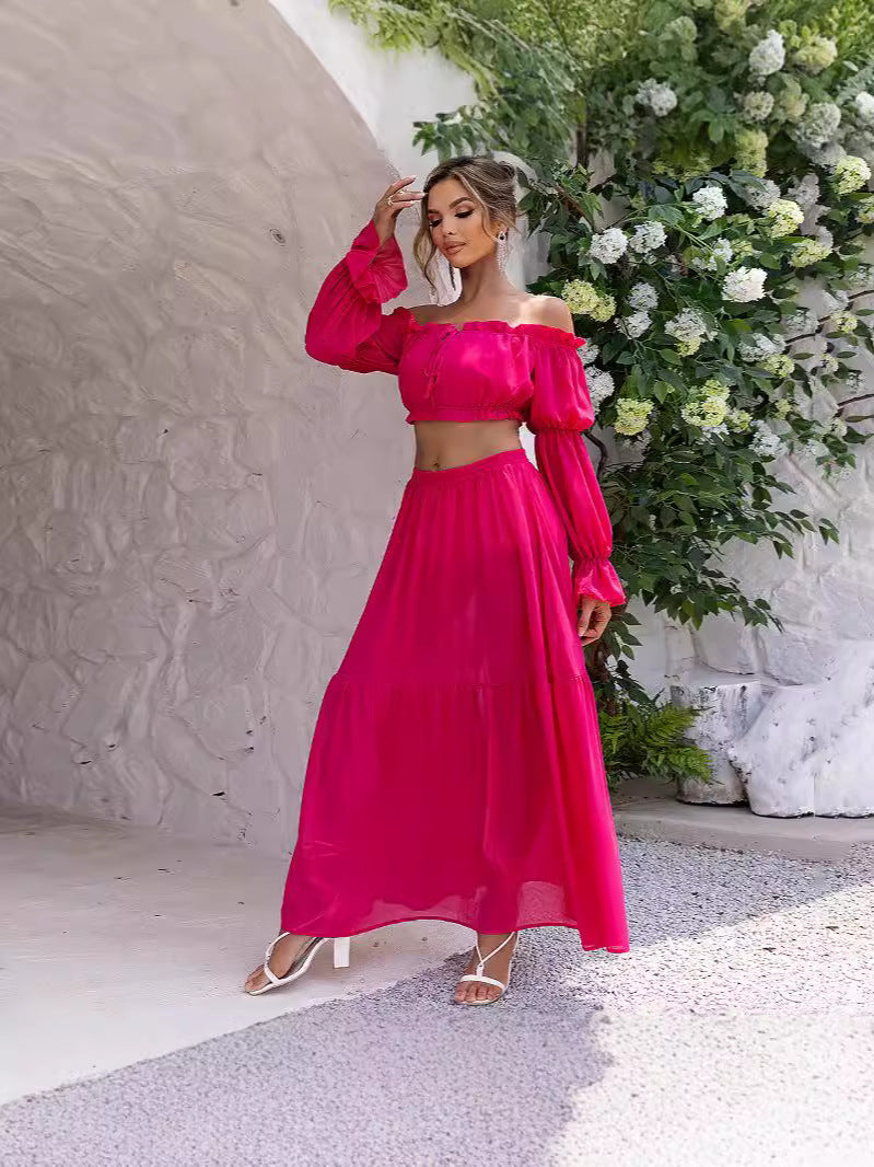 Women Solid Sexy Long Sleeve Off Shoulder Top and Skirt Two Piece Set 6