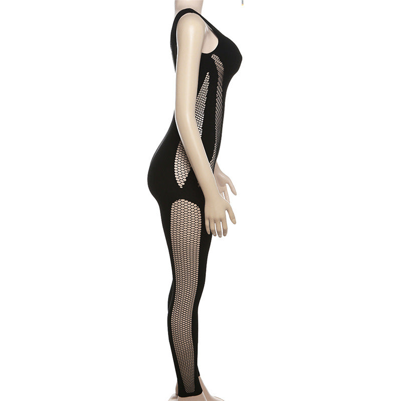 Autumn Women's Sexy Hollow Knitting Crochet Sleeveless High Waist Tight Fitting Jumpsuit 11