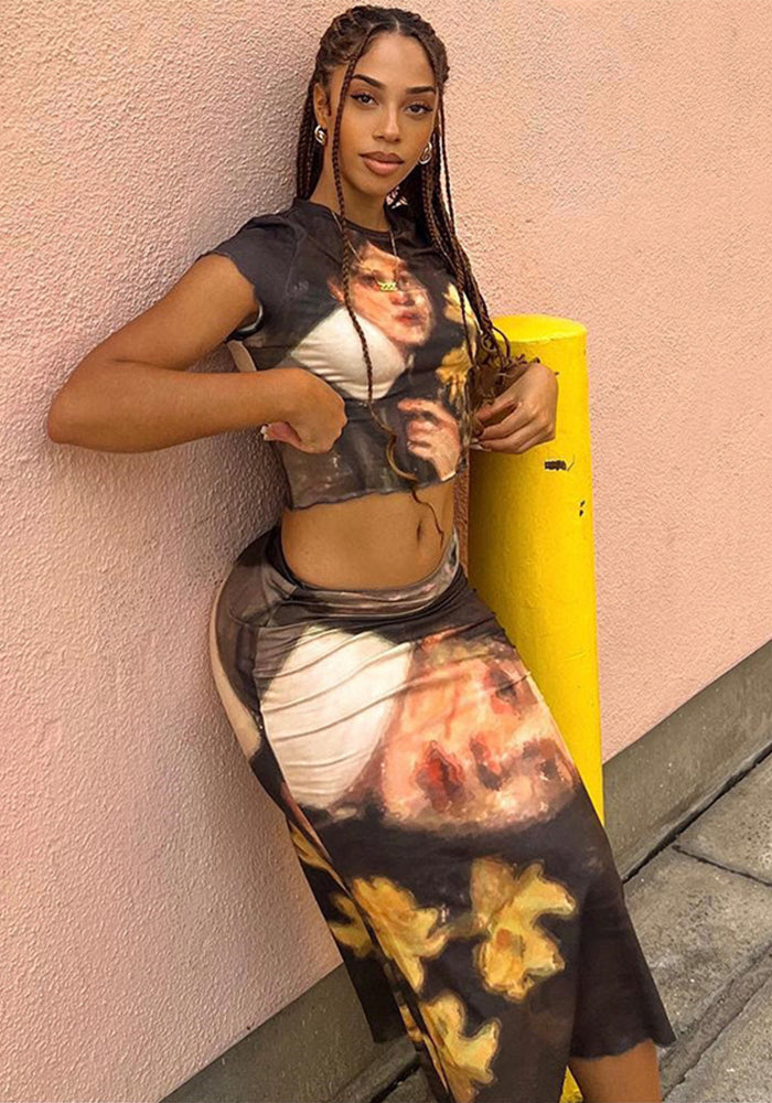 Women Character Print Round Neck Top and Skirt Two-piece Set