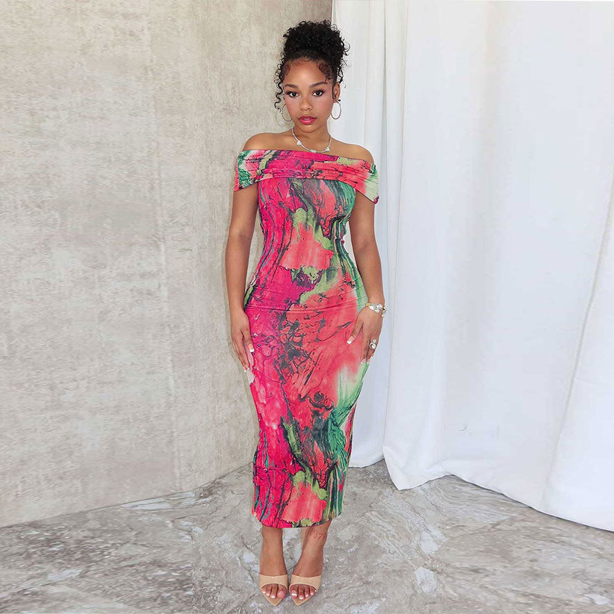 Women Sleeve Casual Sexy Off Shoulder Print Sleeveless Stretchy Bodycon Dress