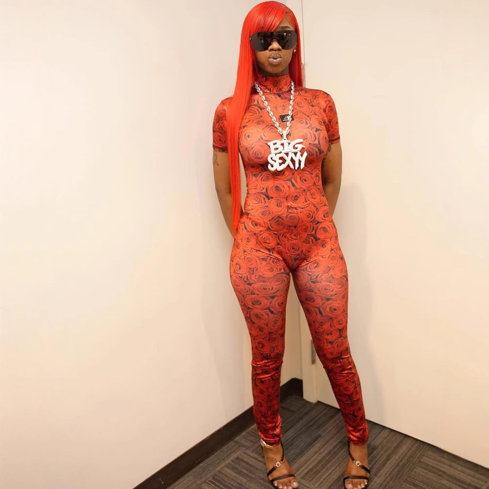 Rose Printed short sleeve Low Back sexy fashion Jumpsuit 3