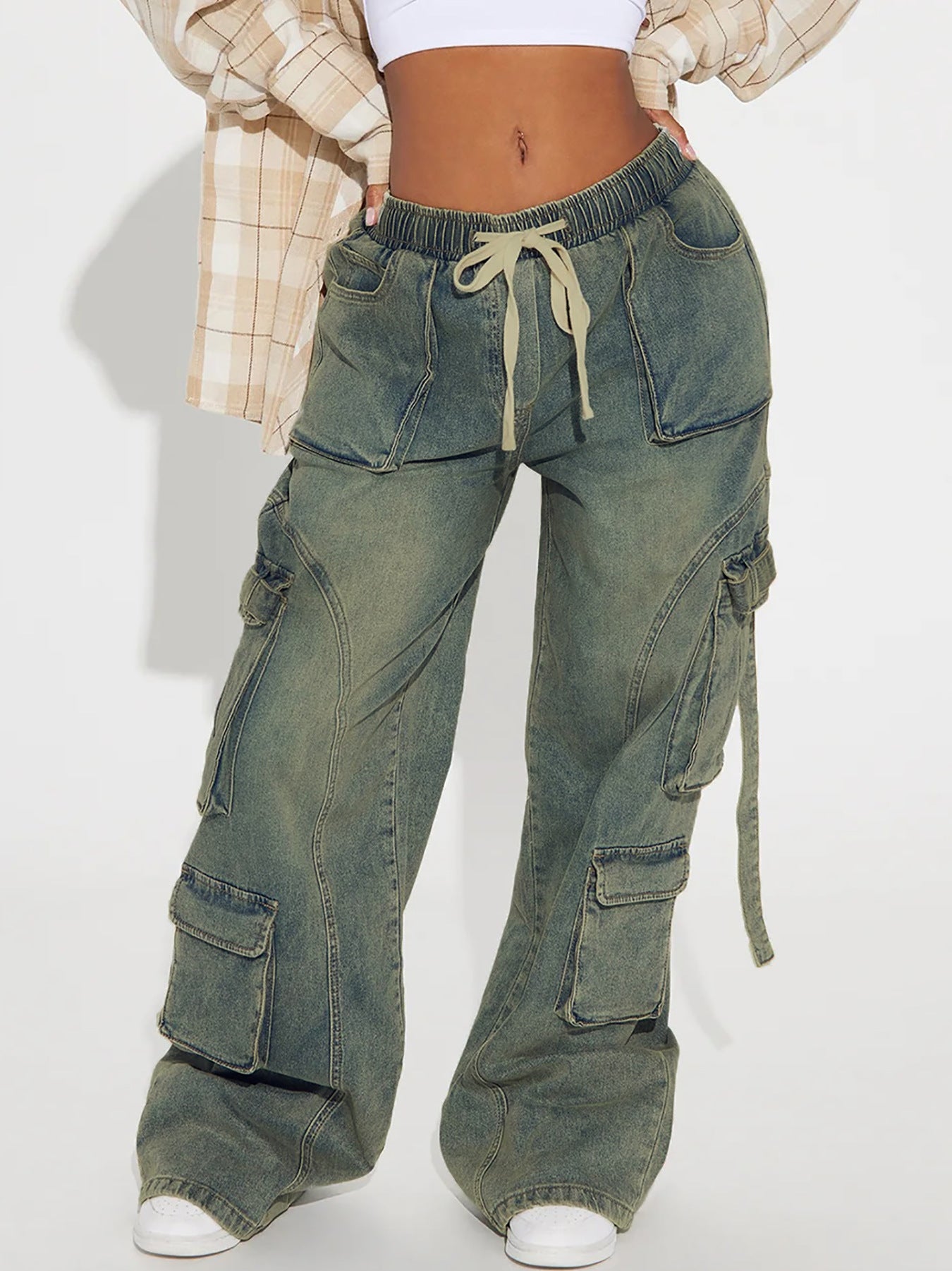 Women street hip-hop loose cargo Denim wide-leg pants 4