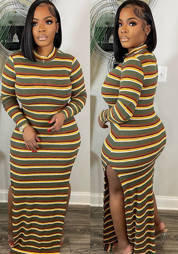 Women's Sexy Slit Ribbed Striped Dress