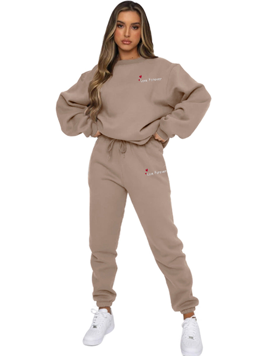 Women Autumn/Winter Printed Round Neck Long-Sleeved Top and Pants Two-Piece Set 15