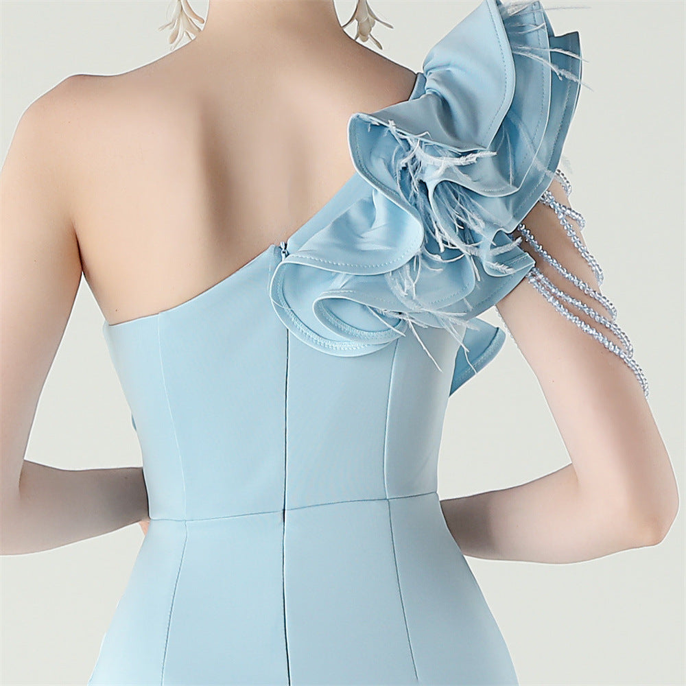 Women One-Shoulder Beaded Wool and Floral Satin Slit Sexy Evening Dress 48