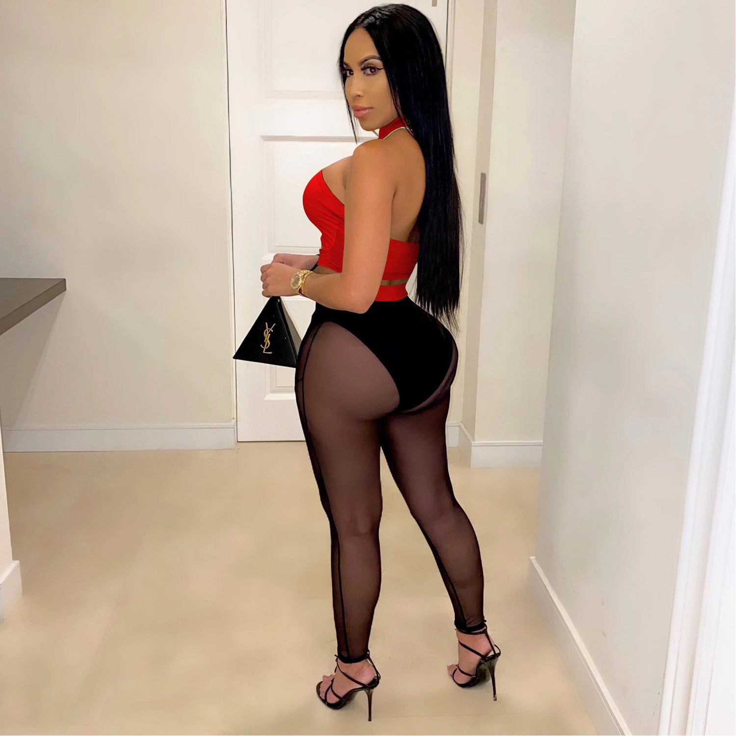 Women See-Through Colorblock Top and Pant Two Piece Set 13