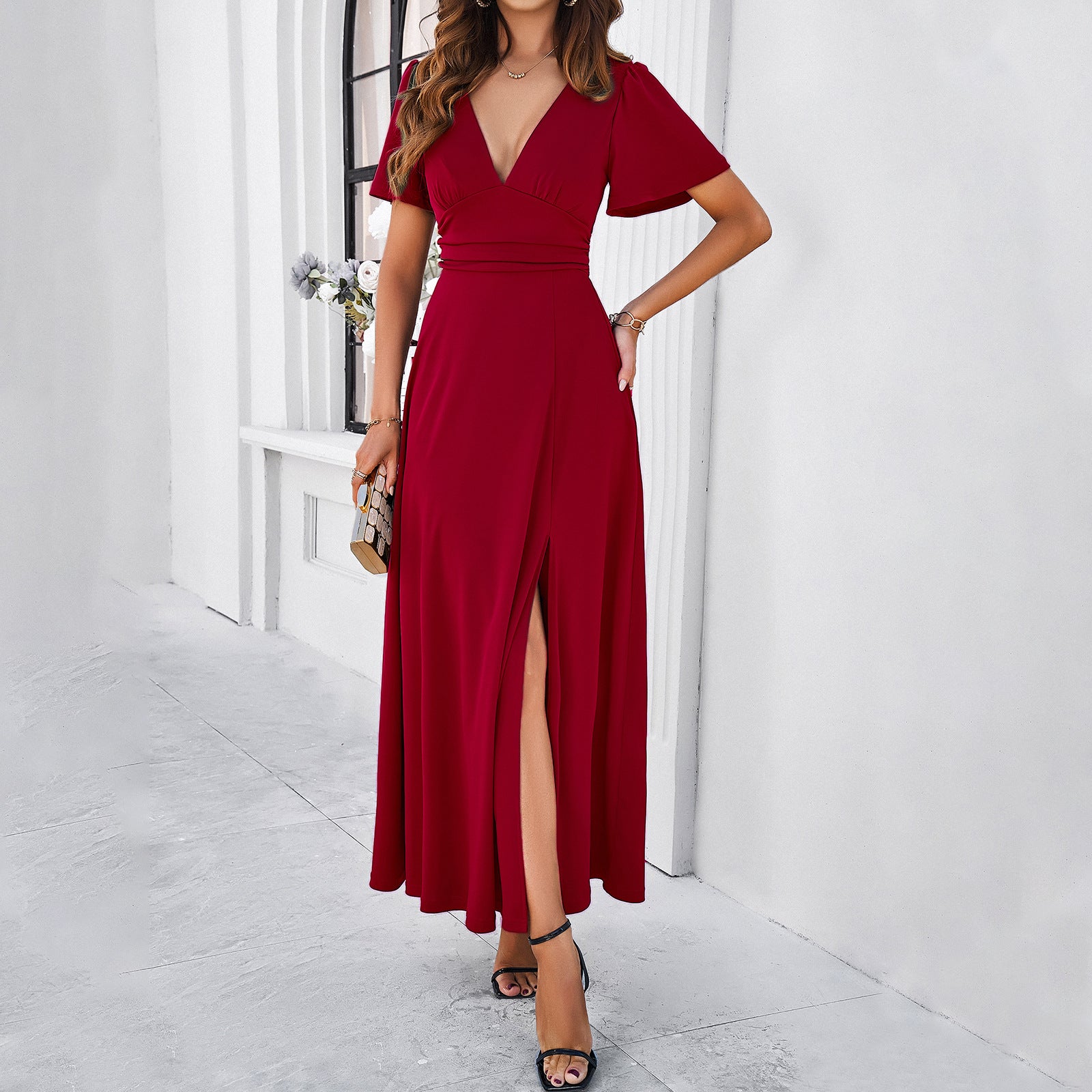 Women Spring/Summer Solid Chic V Neck Dress 7