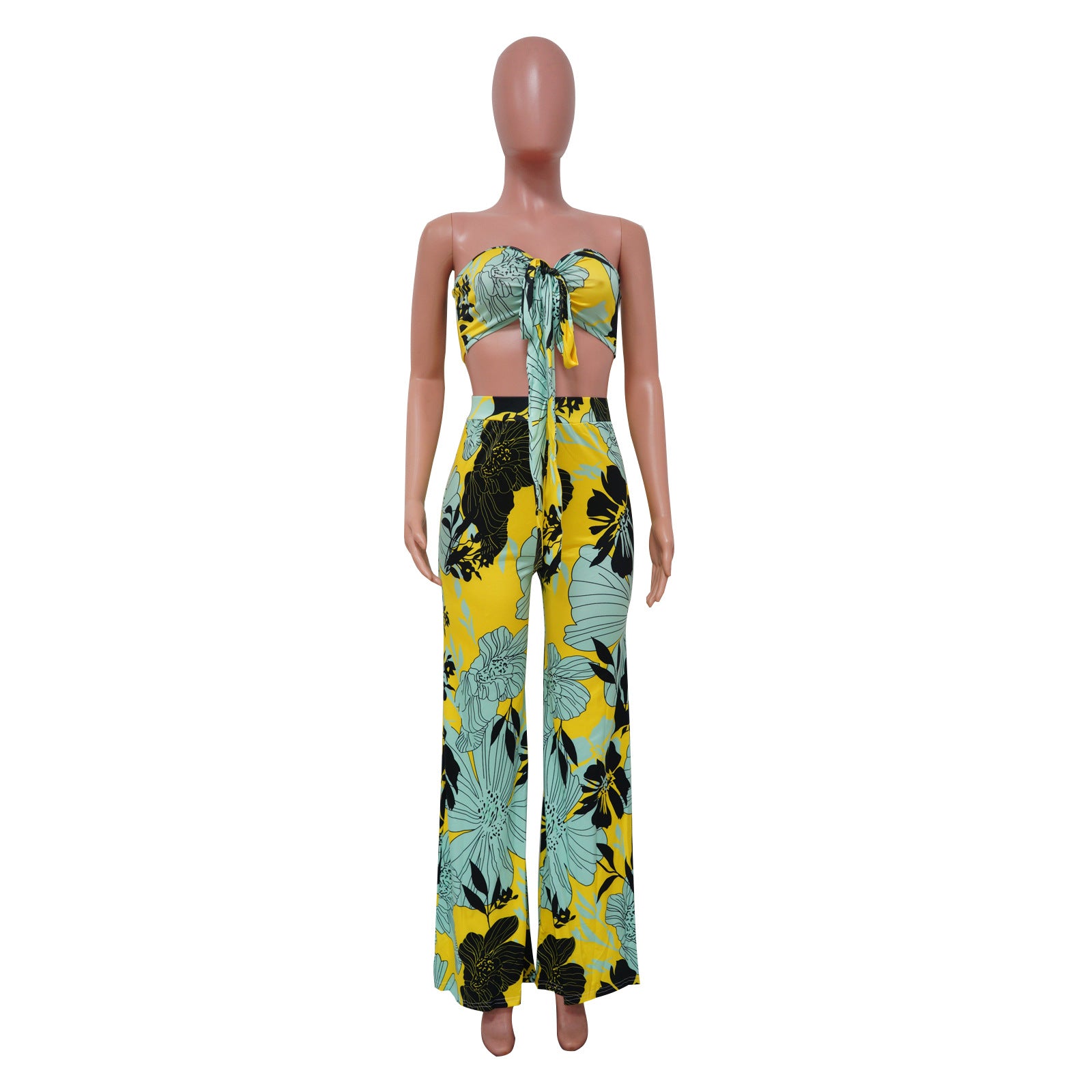 Women Casual Strap Printed Strapless Top and Wide Leg Pants Two-piece Set 8