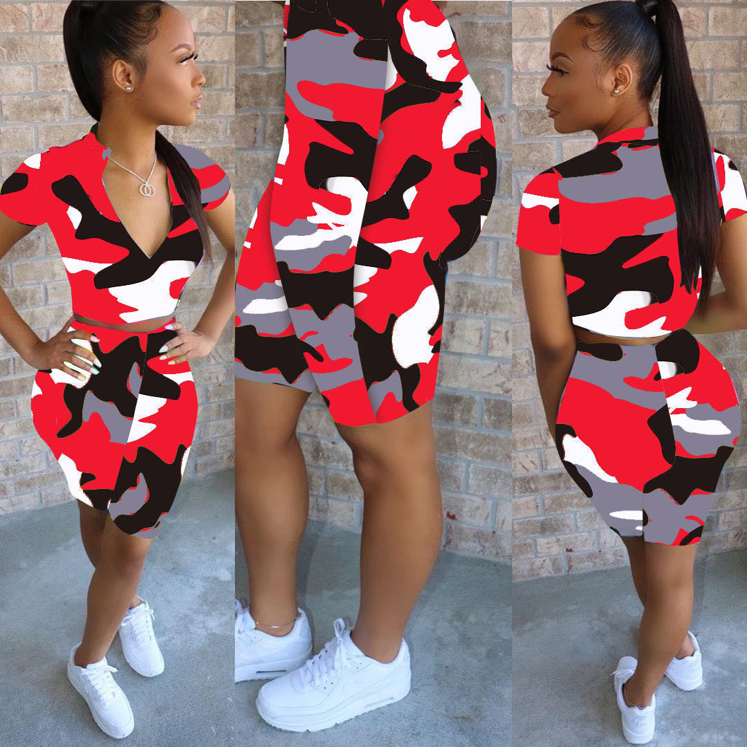 Women's Sexy Camouflage Short Sleeve Zipper High Waist Two-Piece Set 3
