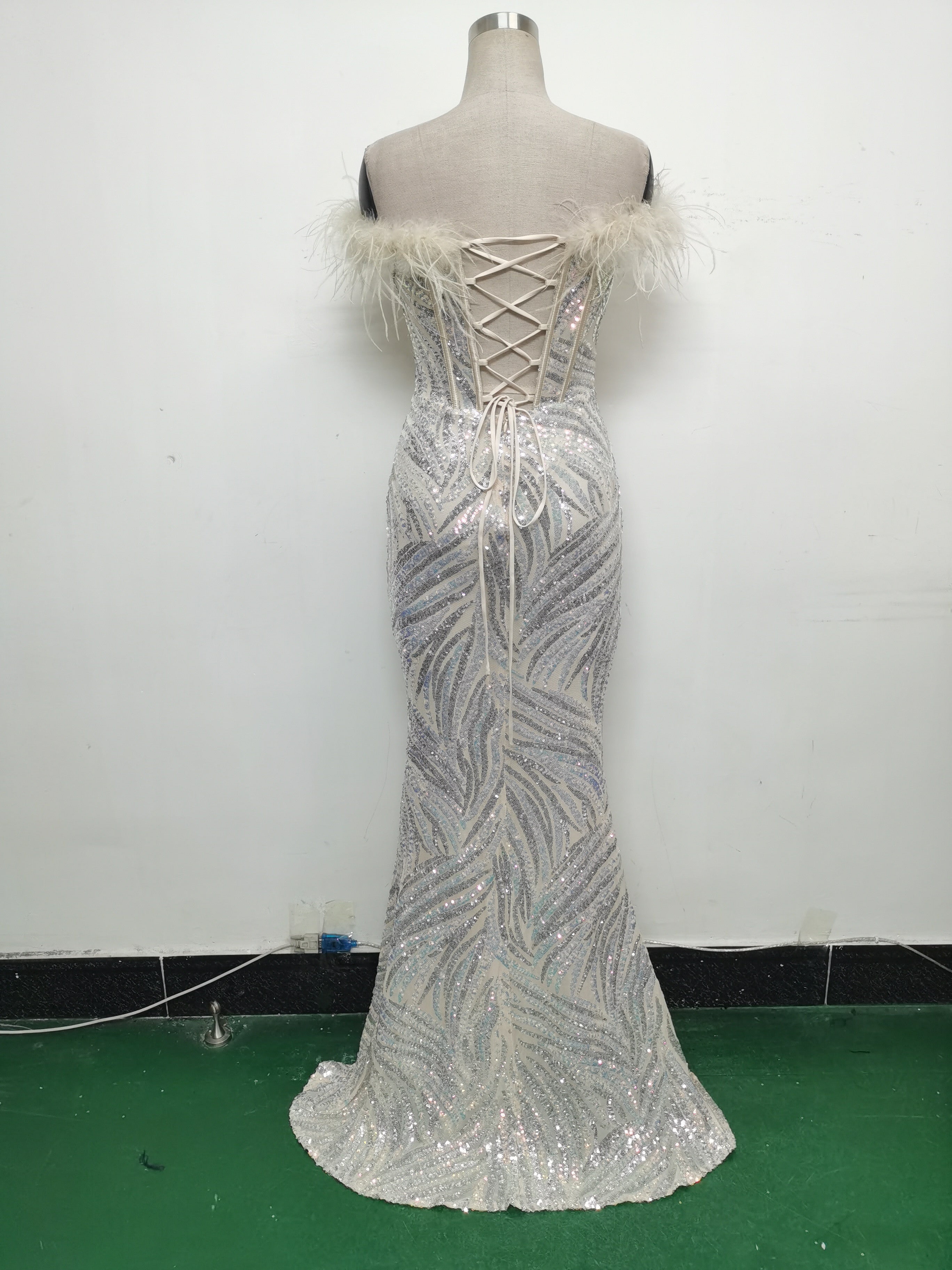 Fishbone Slim Waist Off Shoulder Feather Sequined Evening Dress 22