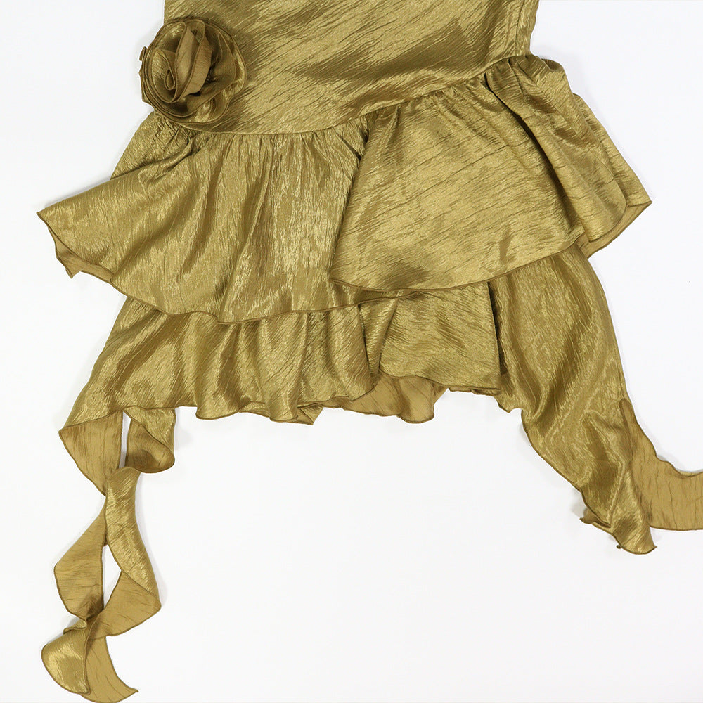 Round Neck Glitter Crinkle Irregular Solid Color Dress 17