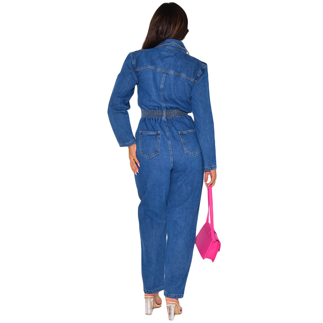 Women Turndown Collar Denim Jumpsuit 6