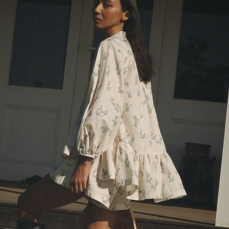 Puff Sleeve Ruffled Puff Shirt Printed Shorts Two Piece Set 4