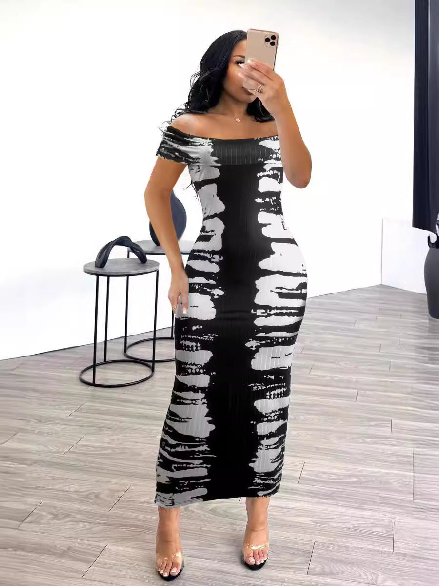 Women Sexy Off Shoulder Print Sleeveless Bodycon Dress