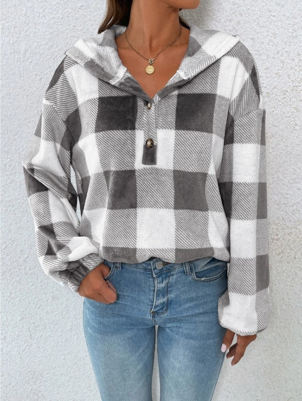 Autumn And Winter Plaid Button Hooded Loose Casual Hoodies Women's Clothing