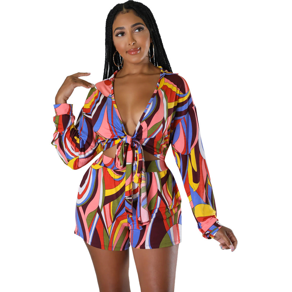 Women Printed Lace-Up Long Sleeve Shirt and Shorts Holidays Two-Piece Set 10