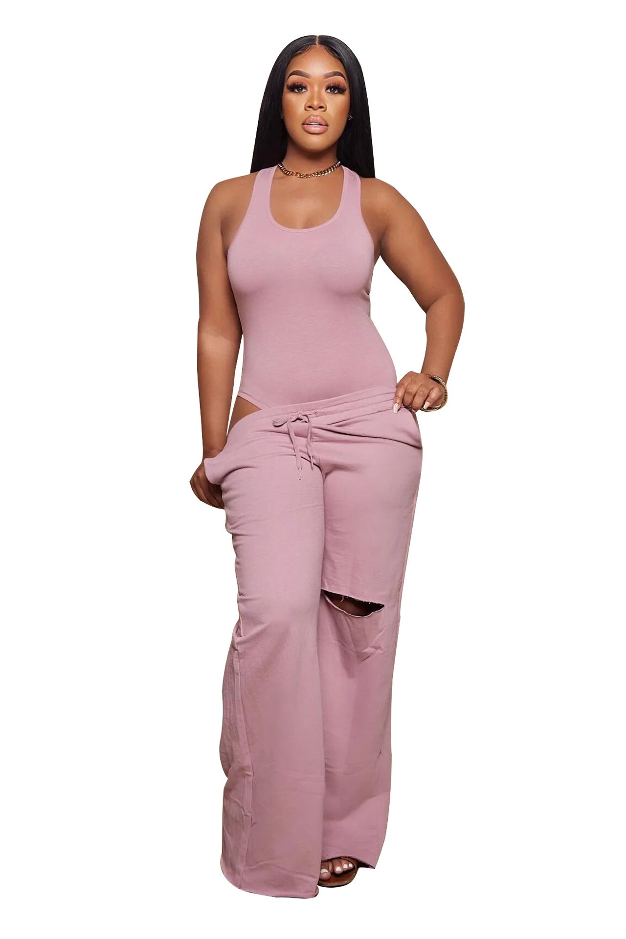 Women Sleeveless Bodysuit+ Ripped Wide Leg Pants Two Piece 7