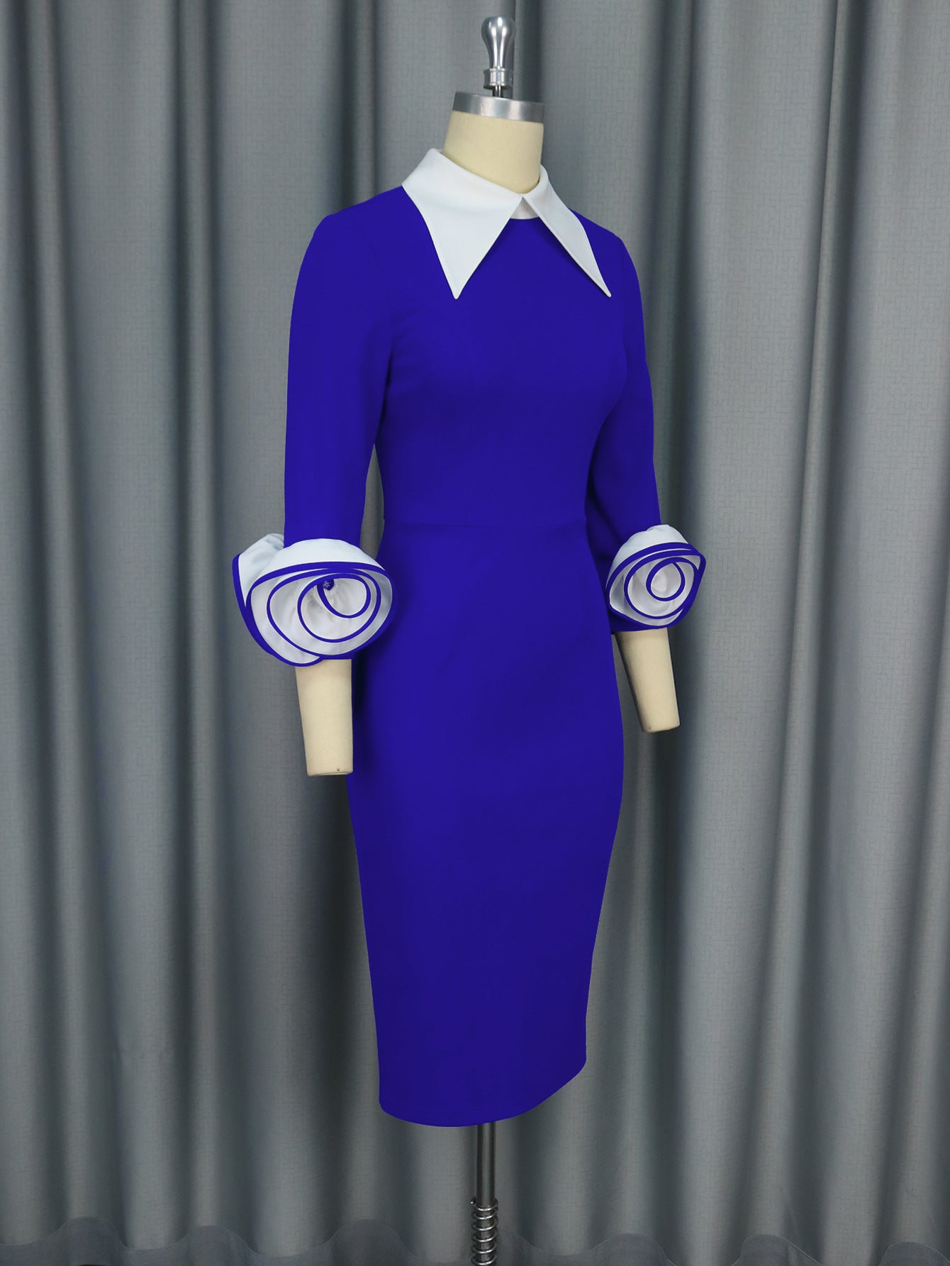 Contrast Color Turndown Collar Long Sleeve Flower Party Bodycon Dress 6