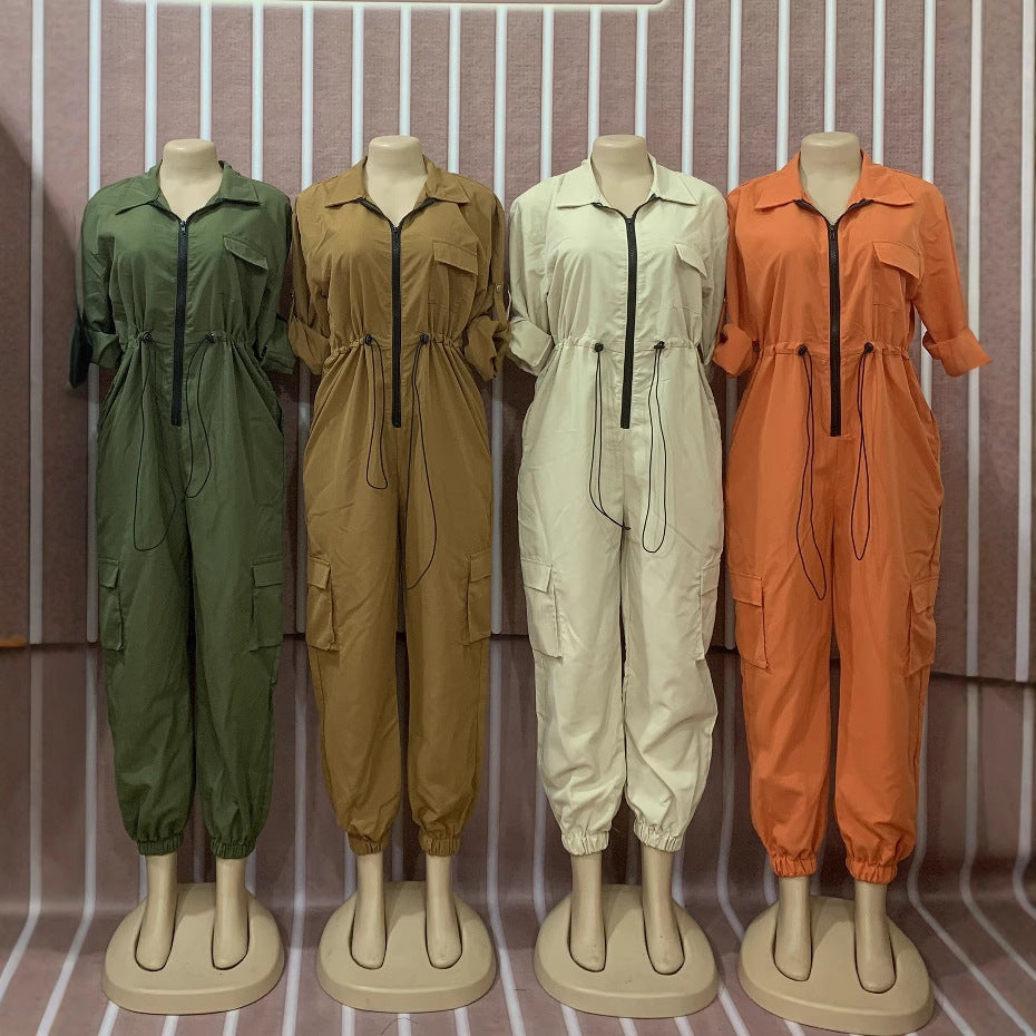 Plus Size Women Solid Turndown Collar pocket sexy Jumpsuit 6