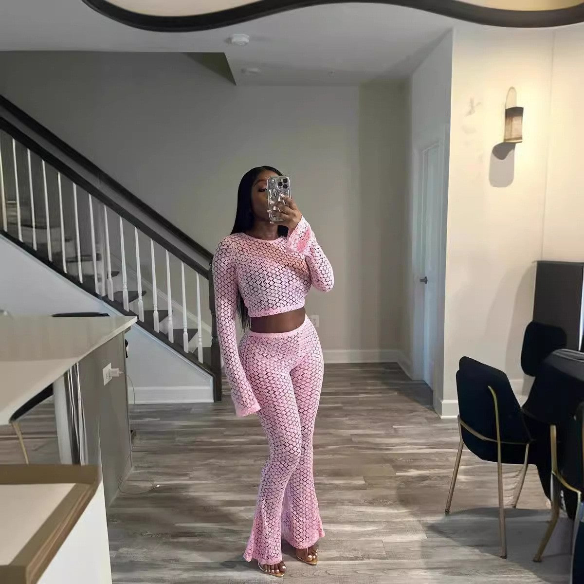 Women's Sexy Lace Ripped See-Through Crop Top High-Waist Long Pants Set 3