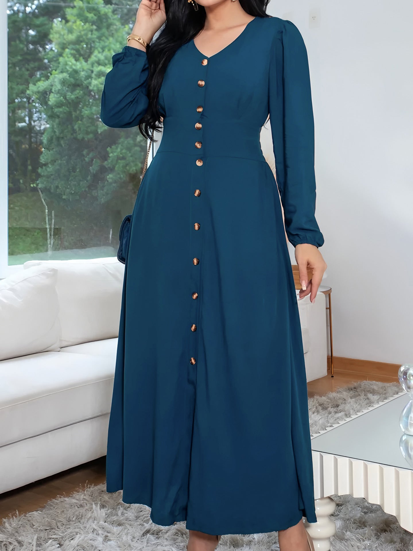 Women Casual Button Long-Sleeved V-Neck Dress 3