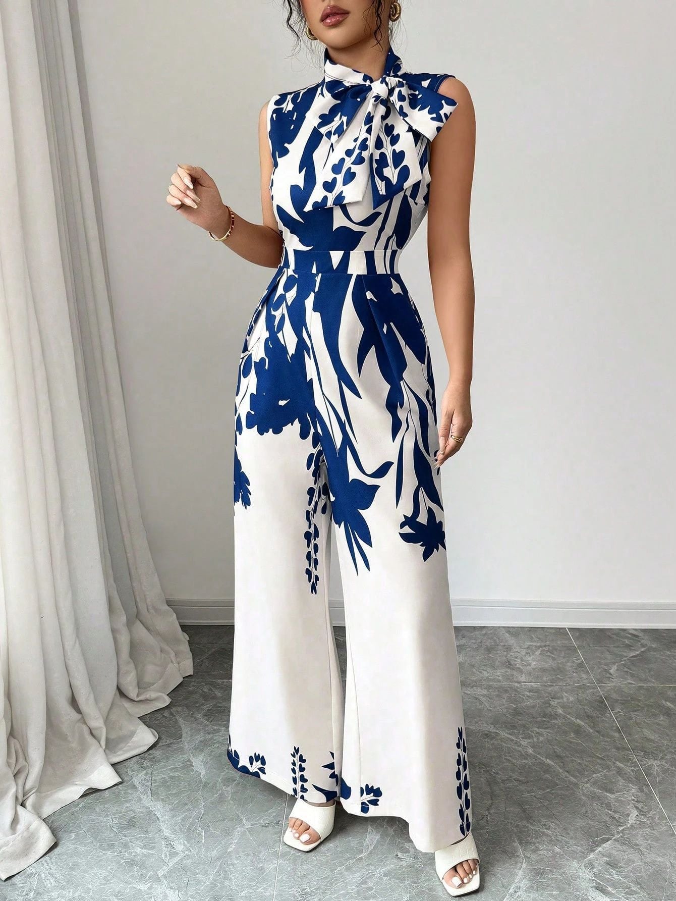 Women's Spring Summer Holidays Chic Print Sleeveless Tie Waist Wide Leg Jumpsuit 6