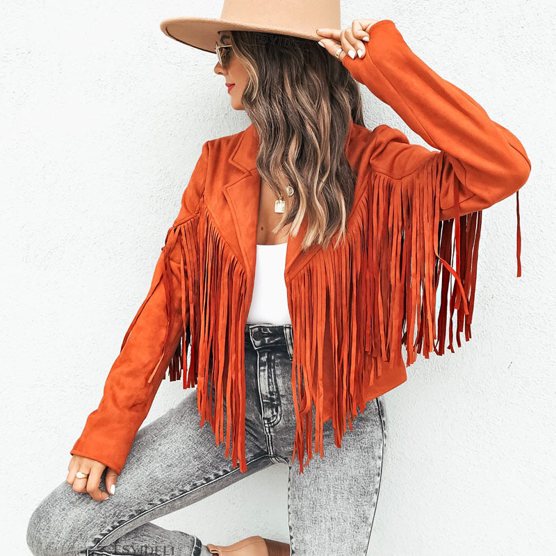 Women'S Autumn And Winter Turndown Collar Fringe Short Suede Leather Jacket