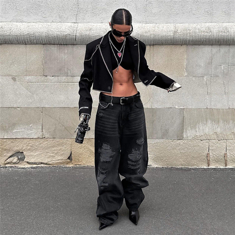 Fall Women's Fashionable Irregular Slim Fit Turndown Collar Jacket 4