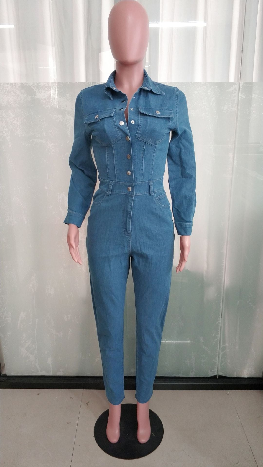 Slim Fit Long Sleeve Tiny Foot Washed Denim Jumpsuit 9