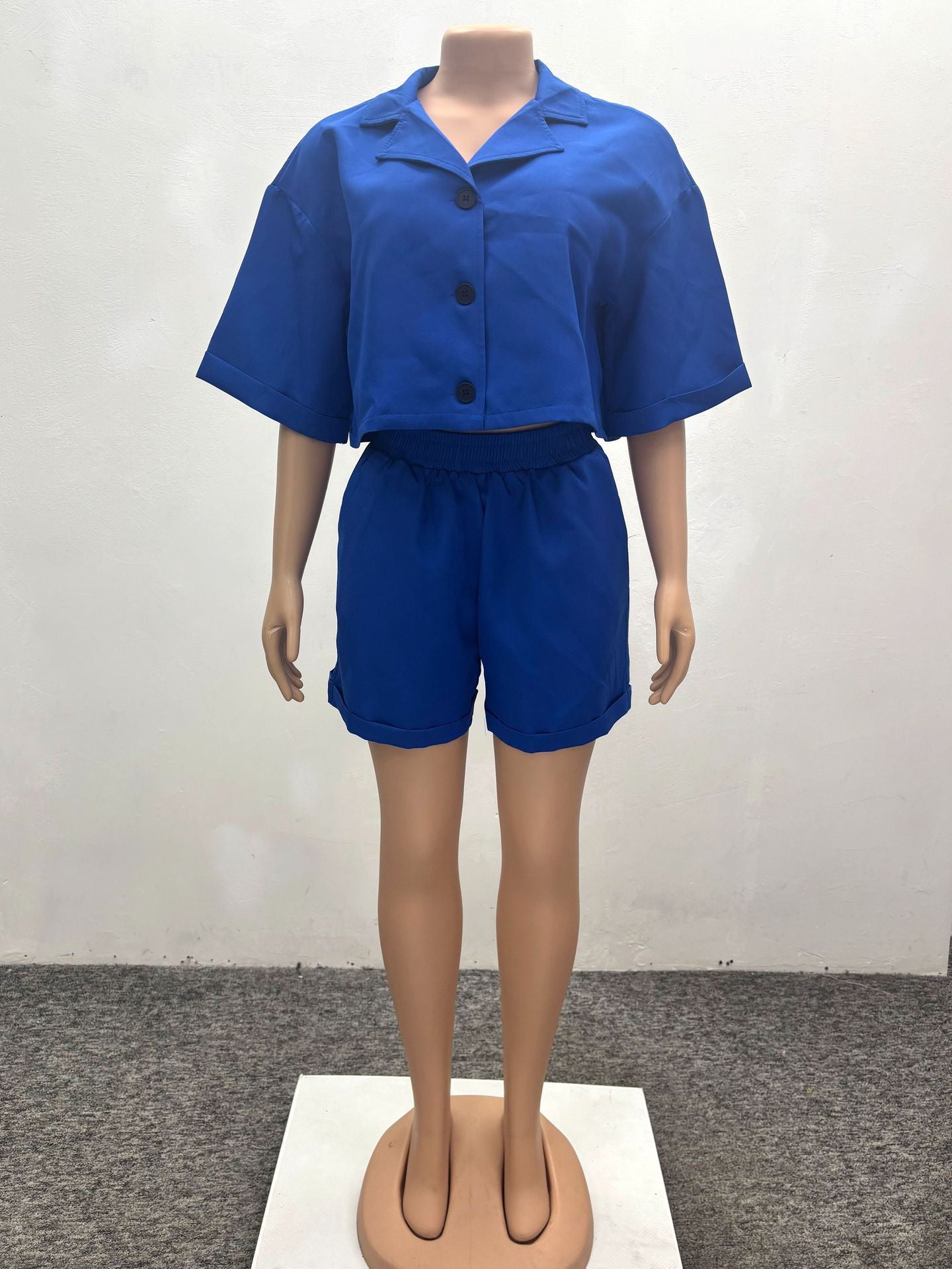 Women's Casual Short-Sleeve Loose Shirt Shorts African Solid Color Two-Piece Set 7