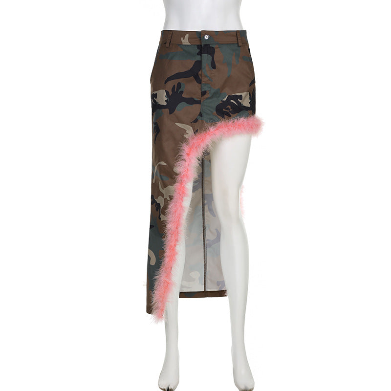 Women camouflage pink fur patchwork bevel irregular skirt 11