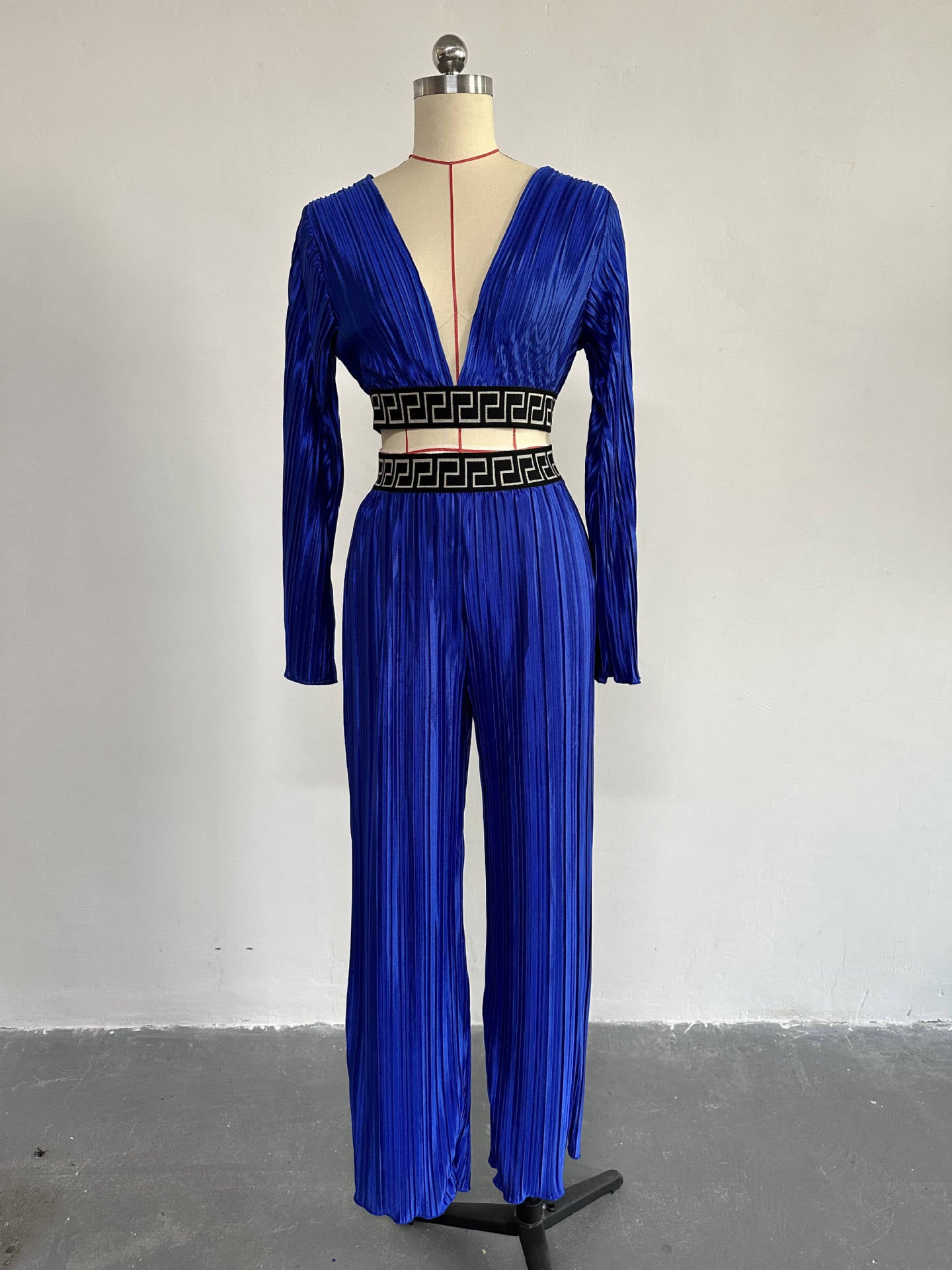 Women's Sweet Pleated V-Neck Bell Bottom Sleeve Shirt Wide Leg Pants Casual Suit 6