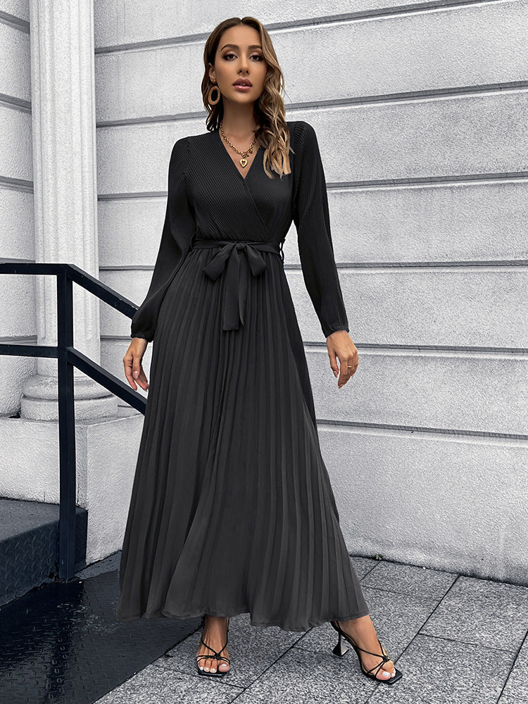 Women Autumn V-Neck Long Sleeve Pleated Maxi Dress