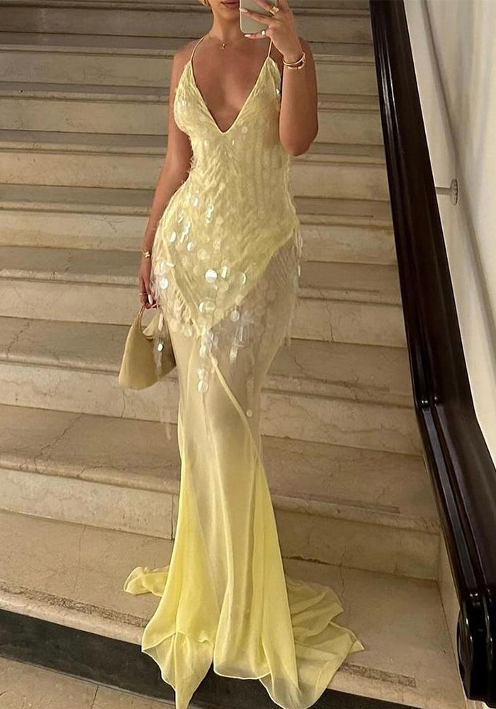 Women's V-Neck Sexy Strap Low-Back Slim Sequin Fishtail Long Dress