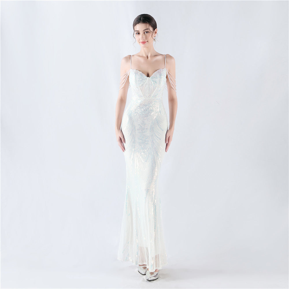 Fishbone Slim Waist Sexy Rhinestone Chain Strap Evening Dress 12