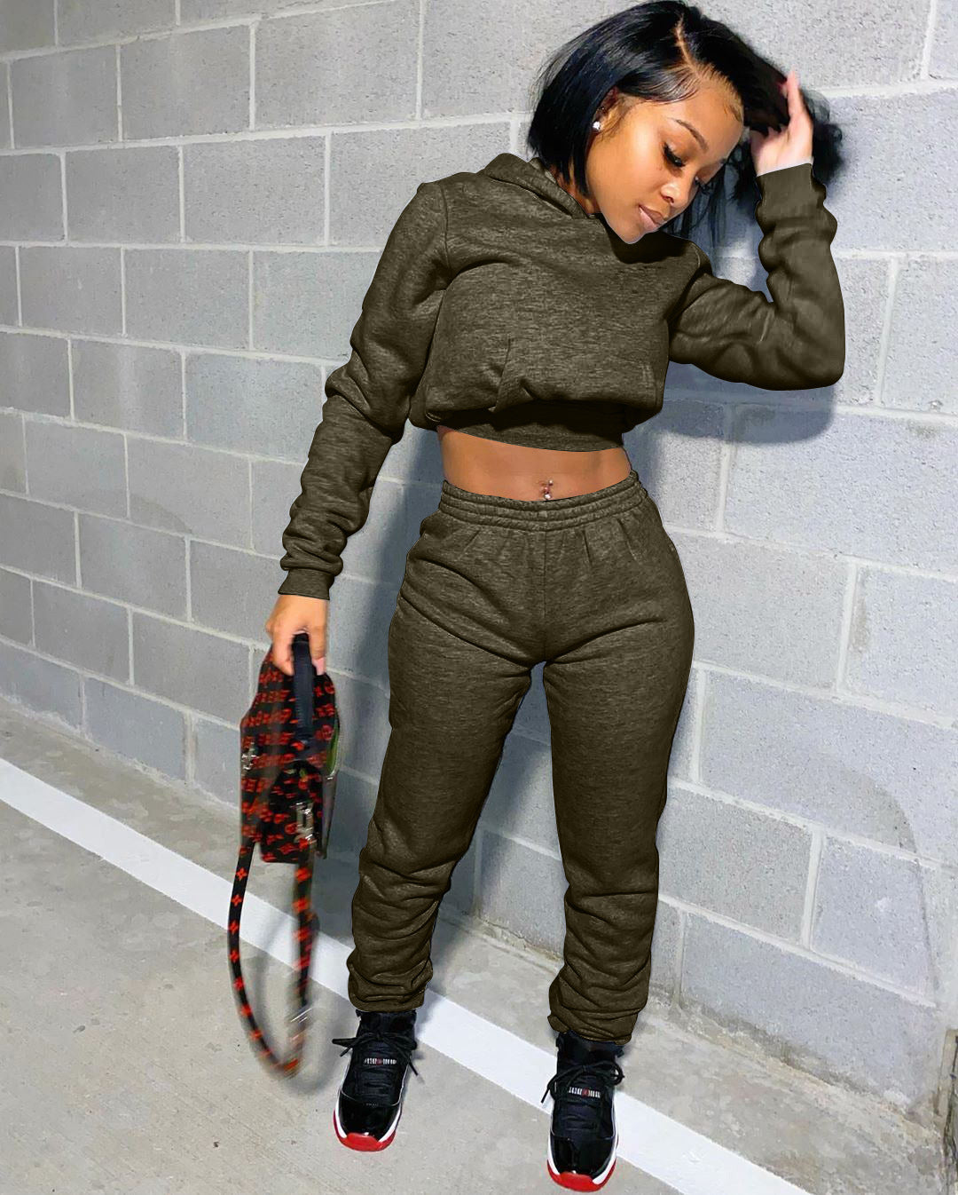 Women Fall/Winter Solid Hoodies and Pant Sport Two-Piece Set 6