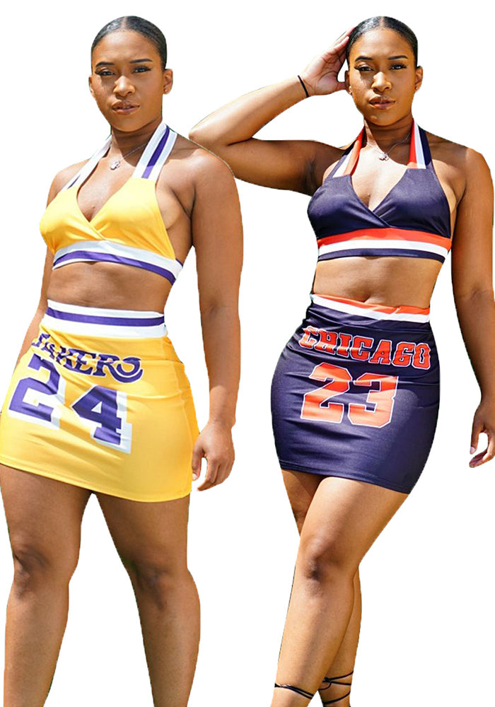 Summer Sports Print Halter Bra and Mini Skirt 2PC Set