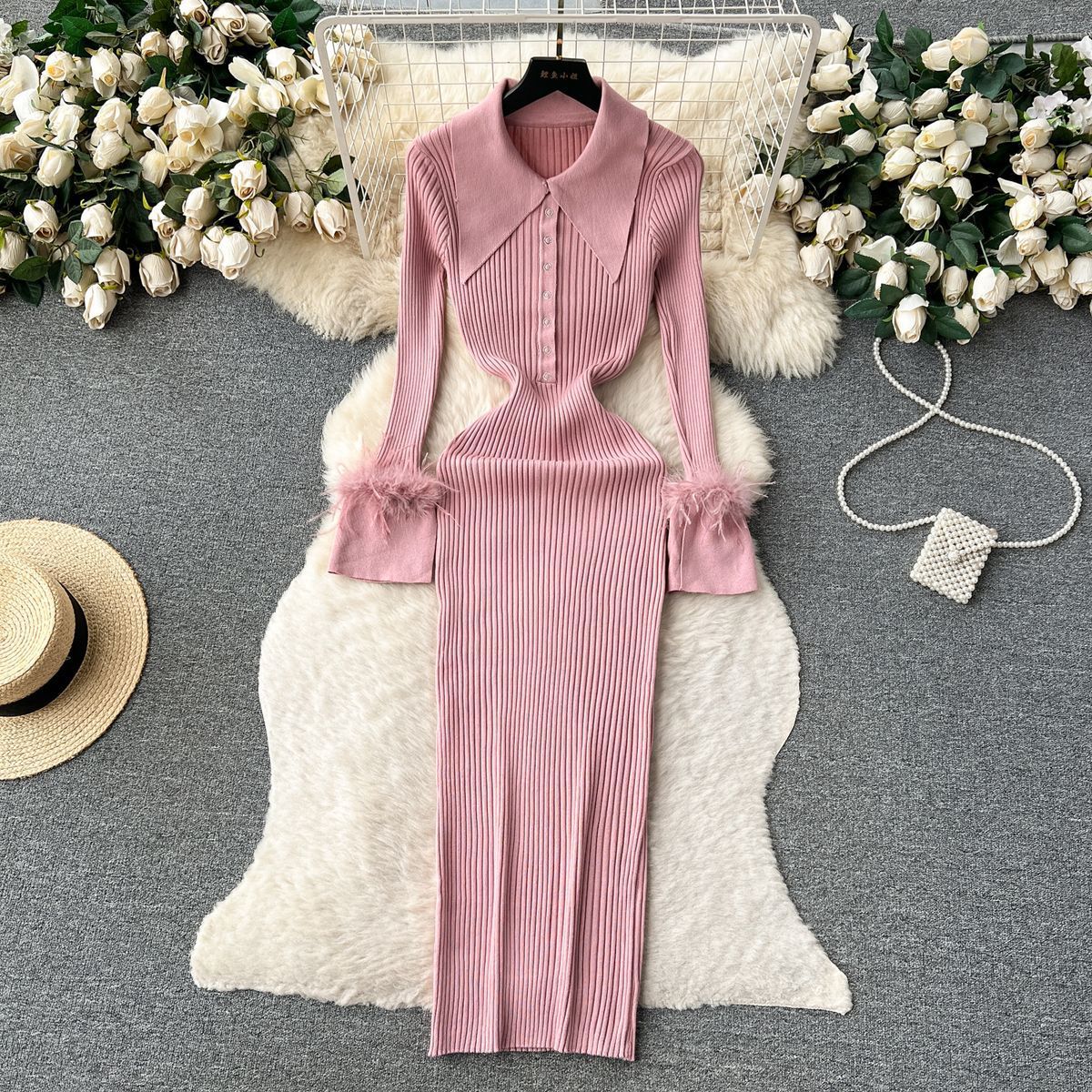 Luxury Knitting Dress Autumn And Winter Turndown Collar Feather Tight Fitting Dress 12