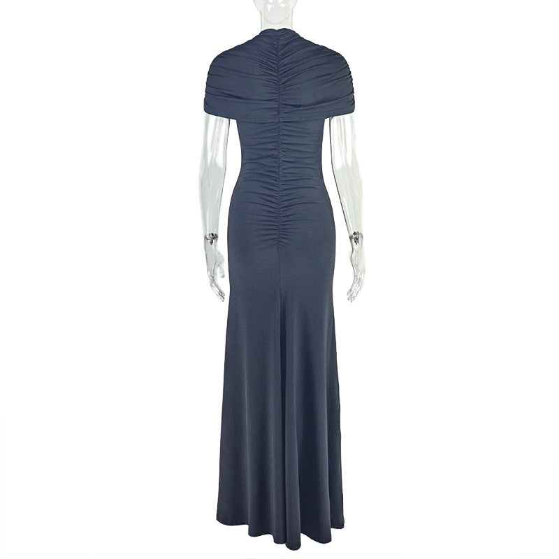 Elegant Women's Pleated Solid Color Bodycon Slim High Neck Short-Sleeve Long Dress 12