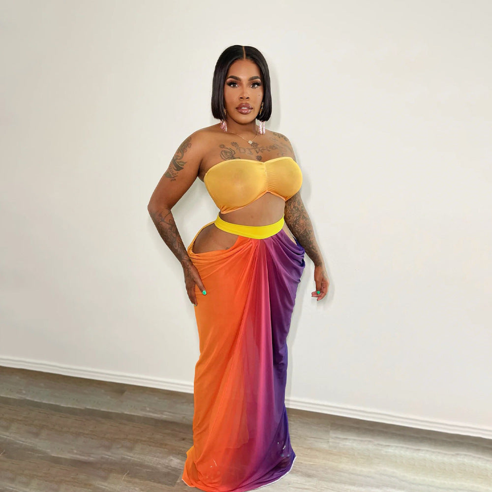 Women Beach Printed Strapless Top and Skirt Two-piece Set