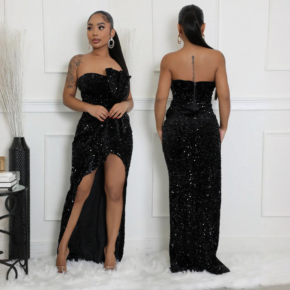 Women sequined sexy strapless irregular dress 3