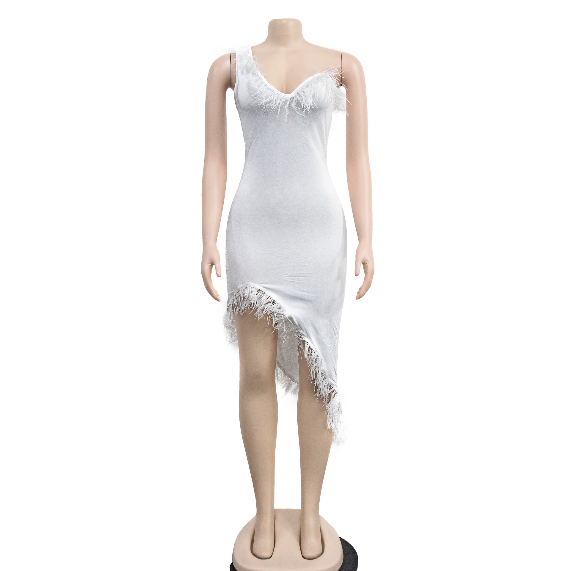 Solid color V-neck sleeveless feather irregular skirt dress 30