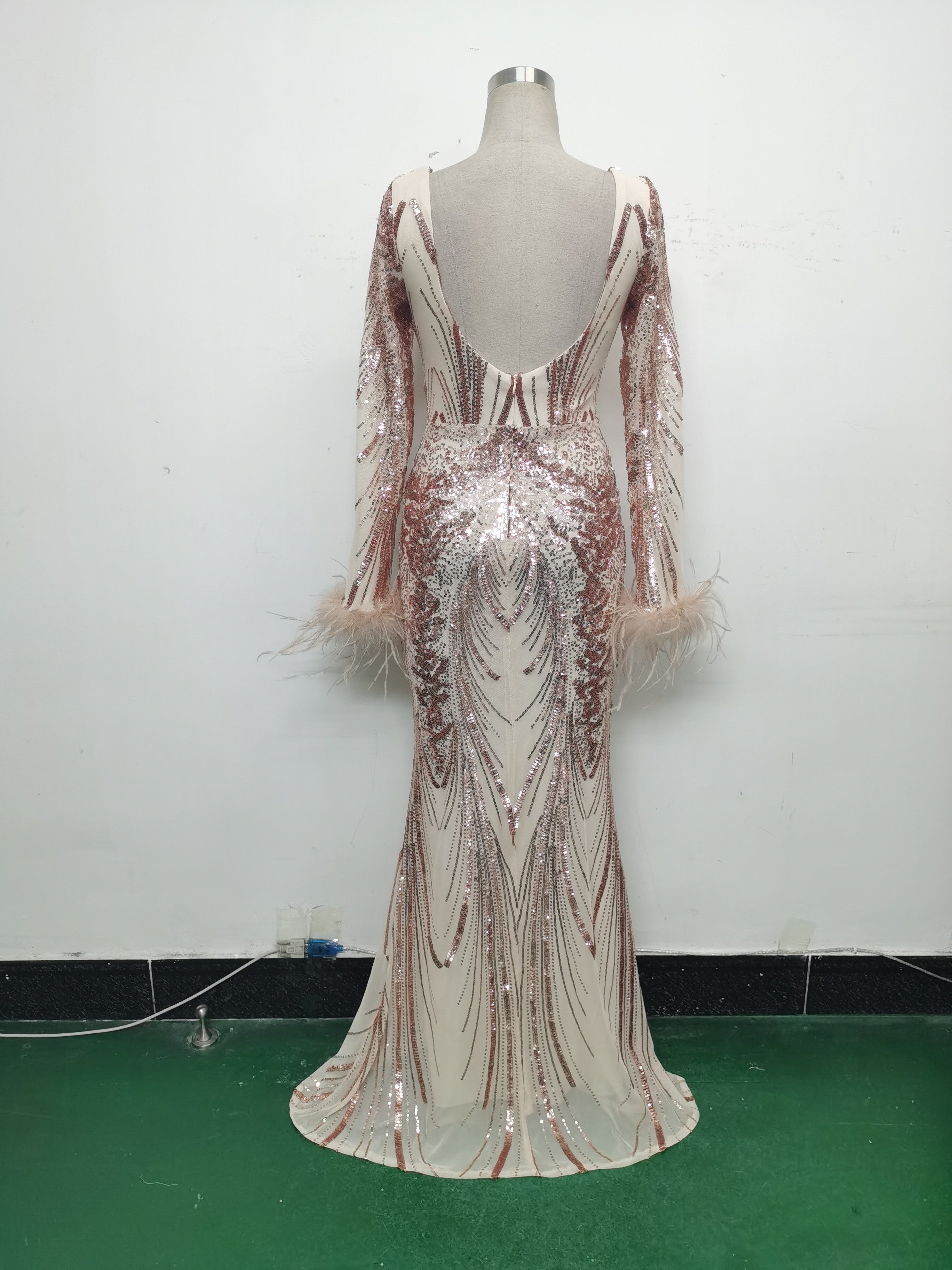 Women Positioning Flower Ostrich Feather Evening Dress 31