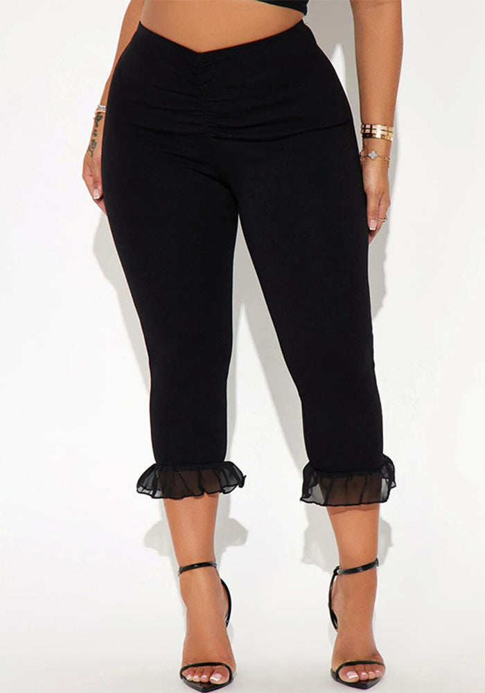 Women's Spring and Summer Ruffled V Waist Solid Color Elastic 7-point Casual Pants